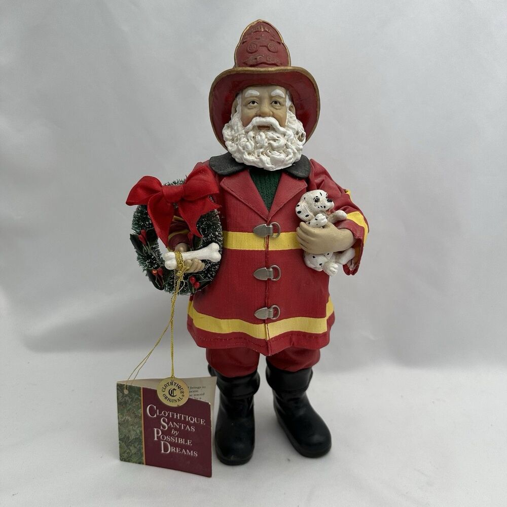 CLOTHTIQUE A WELCOME VISIT Santa Claus Figurine 1994 Firefighter 713114 Puppy